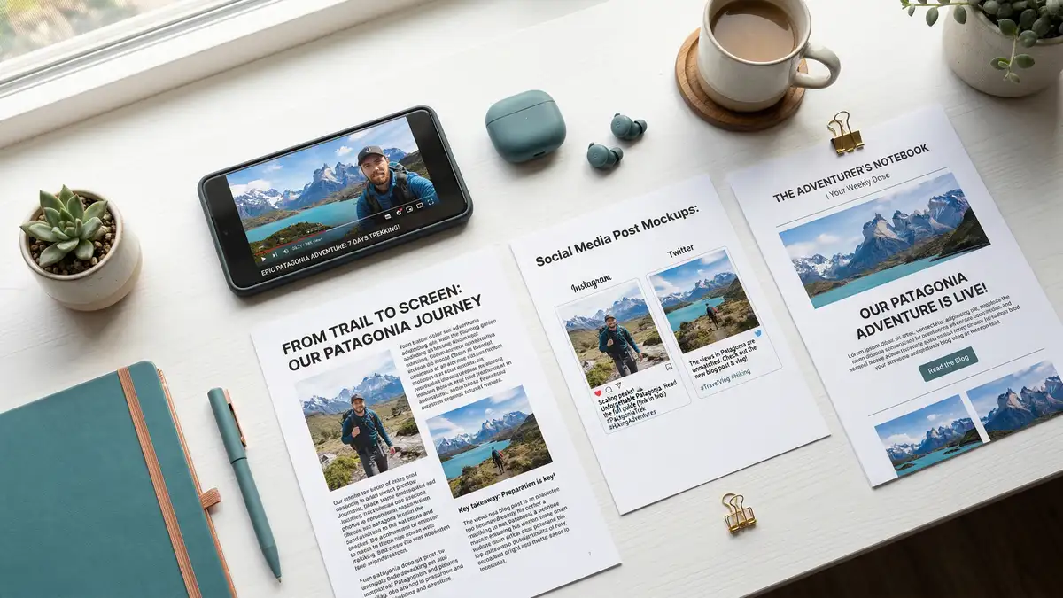 Flat lay desk showing smartphone with video next to blog excerpts social posts and email drafts demonstrating content atomization from single source