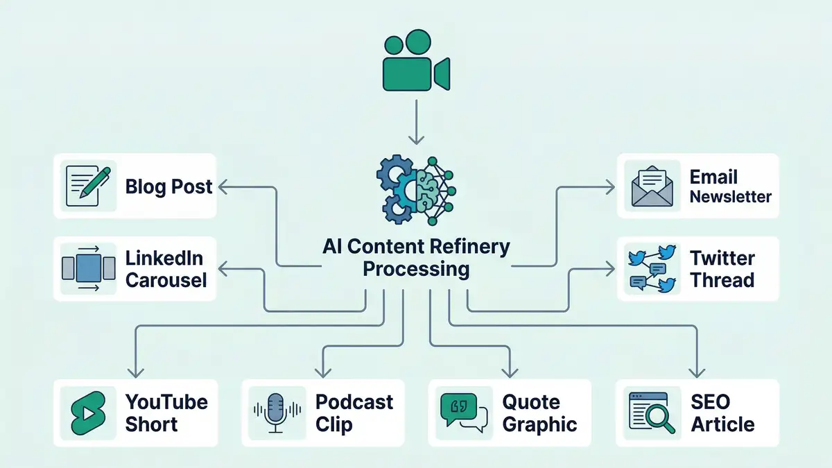 AI Content Refinery infographic showing workflow from single video recording through AI processing to eight output content formats using brand colors