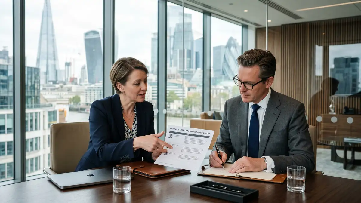 Two executive search partners reviewing an AI-generated candidate shortlist together in a modern London boardroom