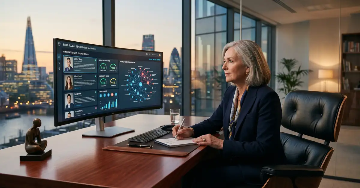 Executive search consultant reviewing AI-assisted candidate pipeline on dual screens in modern office