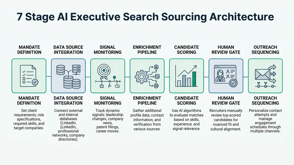 Infographic showing 7-stage AI executive search sourcing architecture: mandate, integration, monitoring, enrichment, scoring, review, outreach