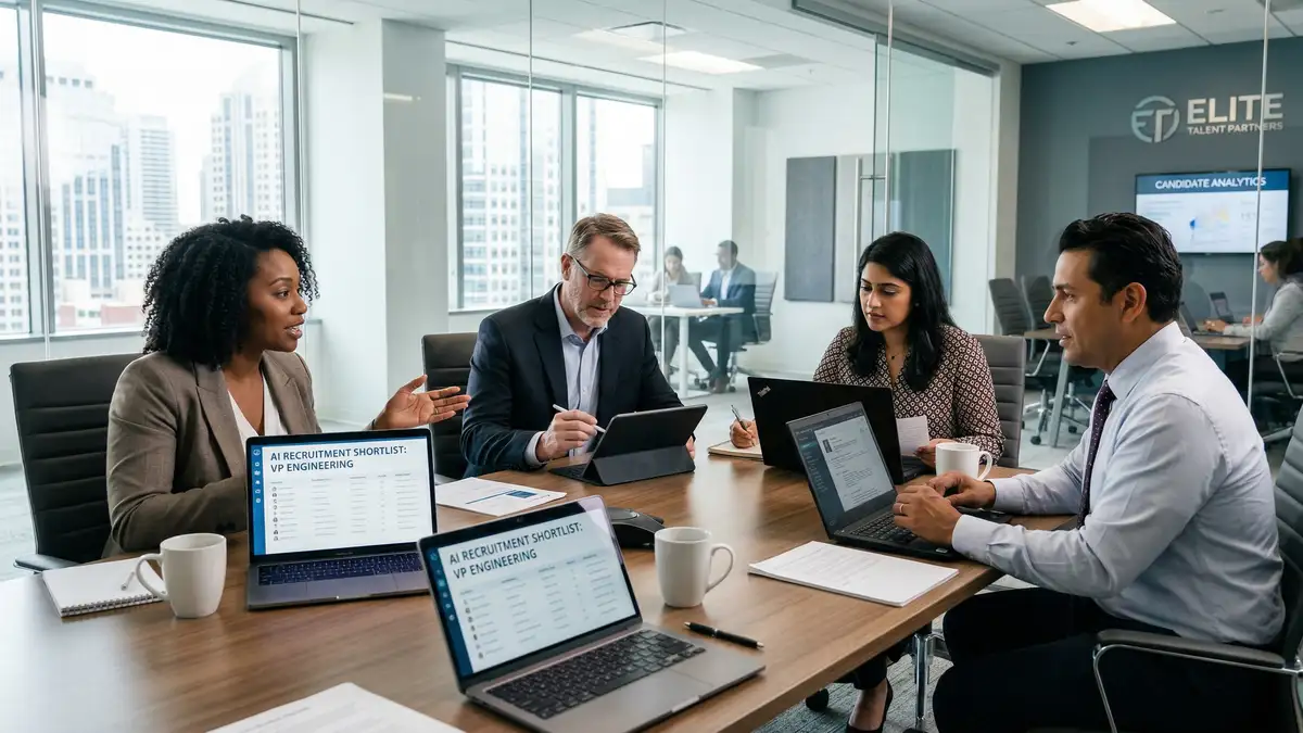 Executive search team analyzing AI-generated candidate shortlists on tablets and laptops in a modern recruitment firm office