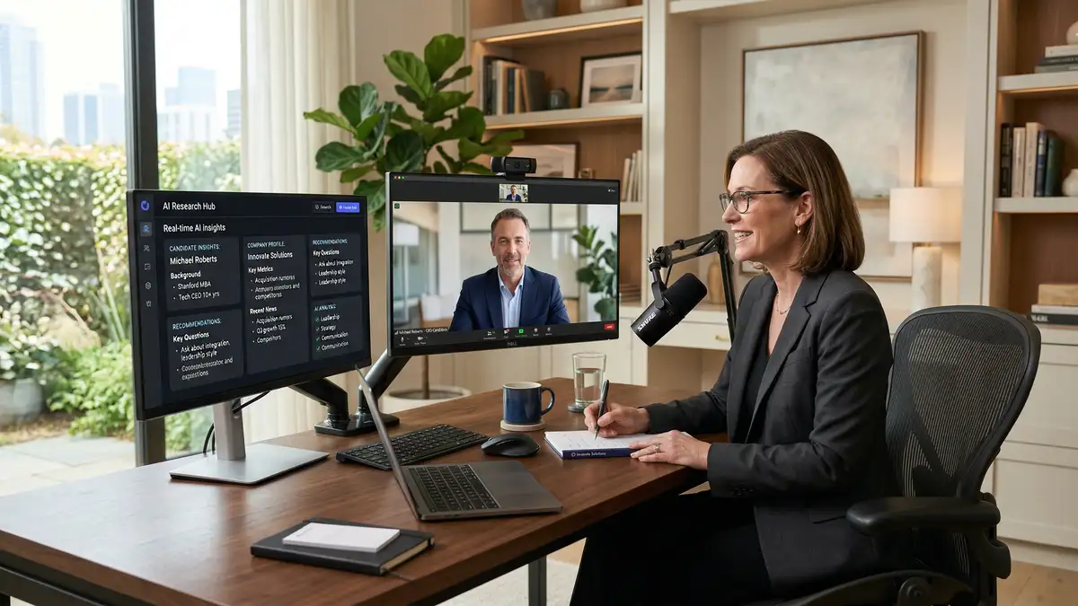 Senior executive recruiter conducting video call with C-suite candidate while AI surfaces research insights on second screen