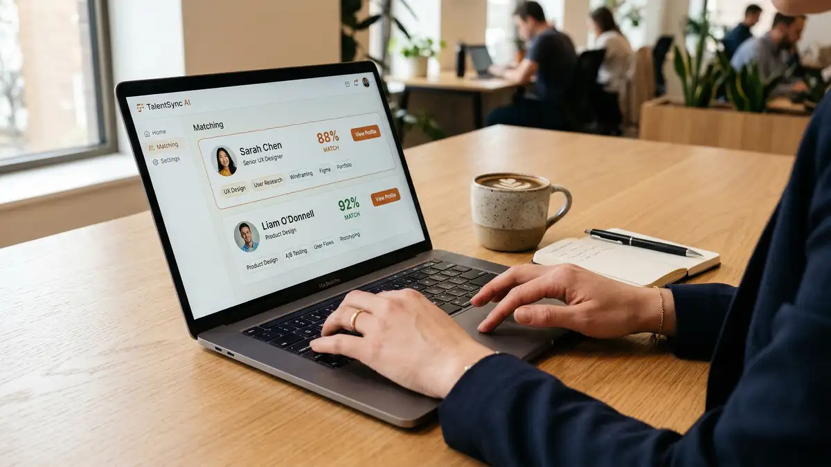 Recruiter working on laptop showing AI candidate matching interface with percentage scores and skill tags
