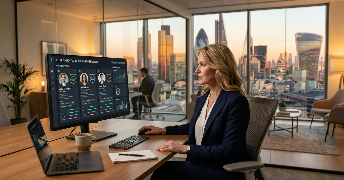 Executive search firm managing director reviewing AI-powered candidate sourcing dashboard showing profiles and matching scores in modern London office