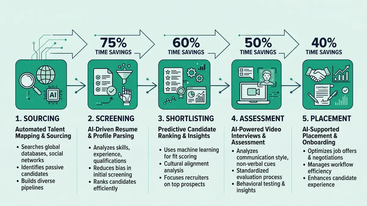 Infographic showing AI-powered executive search workflow with five stages from sourcing through placement including time savings data