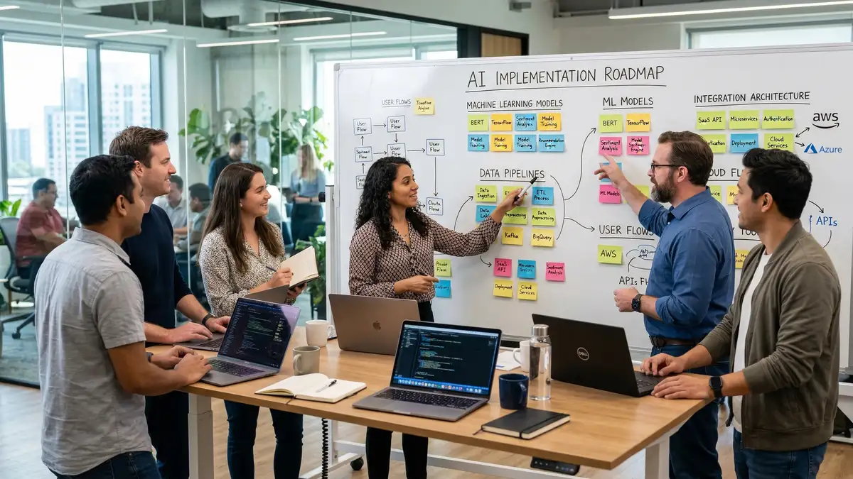 SaaS founder reviewing AI implementation architecture dashboard showing growth metrics and system integration points