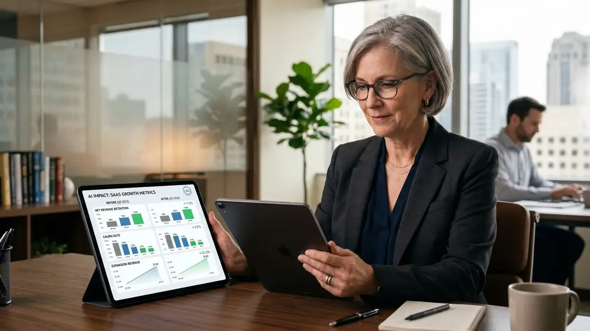Business results dashboard showing AI-driven SaaS revenue growth with conversion metrics and pipeline acceleration data