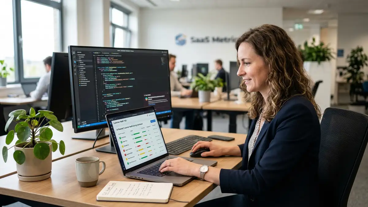 AI-powered SaaS health score dashboard displaying customer engagement metrics and predictive churn indicators