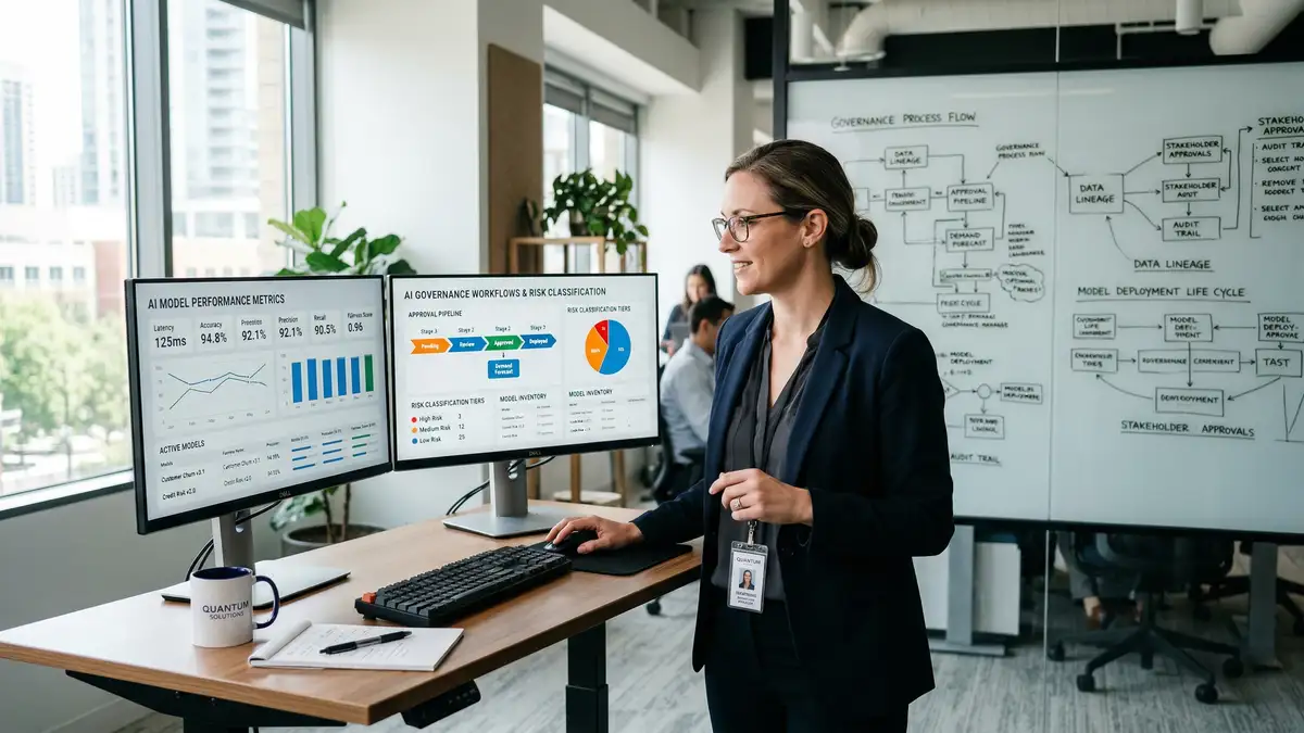 B2B operations manager reviewing AI governance dashboard showing risk classification tiers and approval workflows on dual monitors