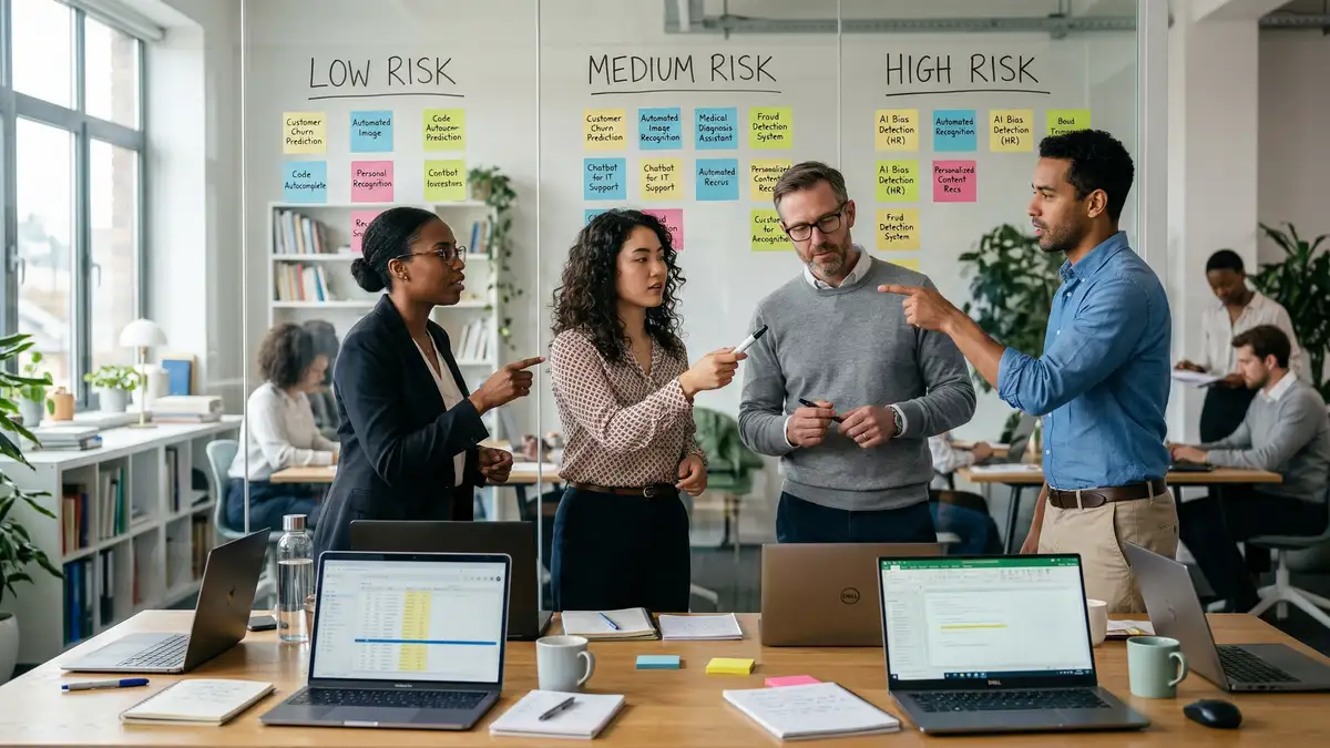 Cross-functional team workshop classifying AI use cases into risk tiers with sticky notes on glass walls in collaborative workspace