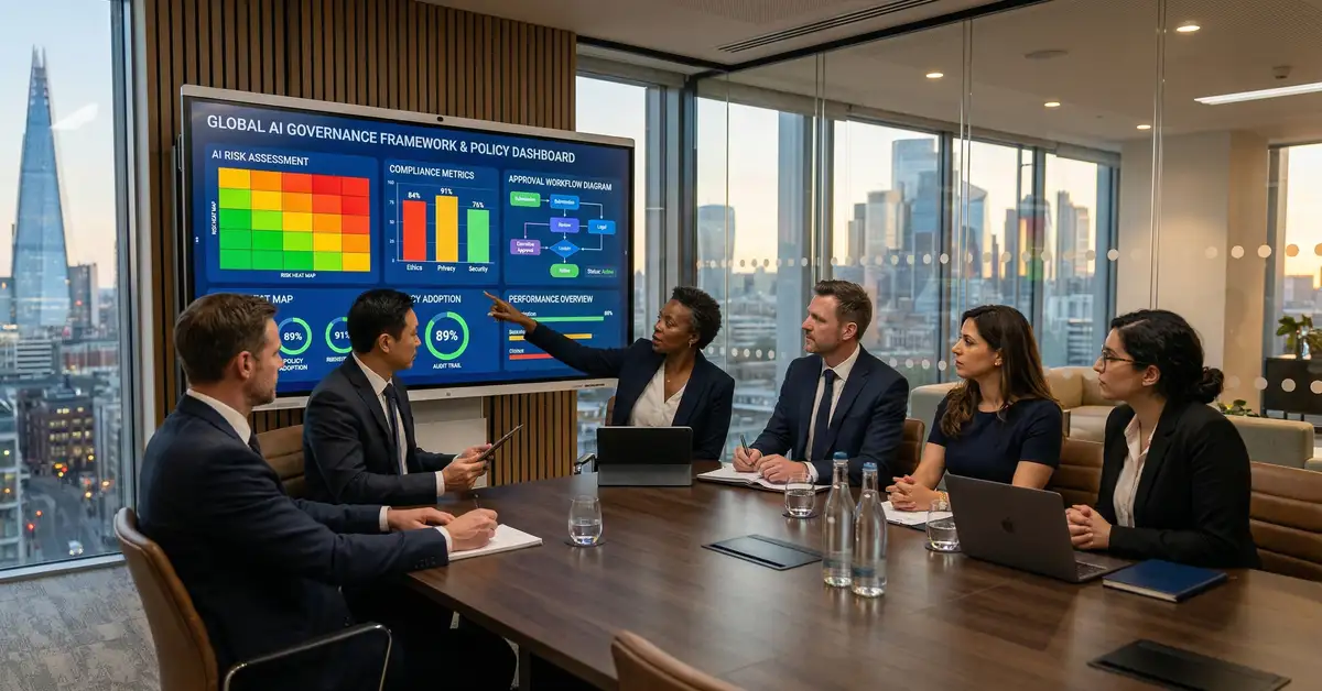 AI governance framework dashboard showing risk classification tiers and compliance monitoring for B2B operations