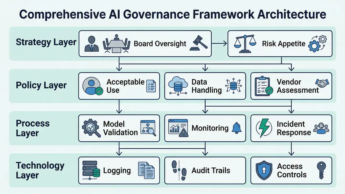 Technical infographic showing AI governance framework architecture with strategy, policy, process, and technology layers in peppereffect brand colours