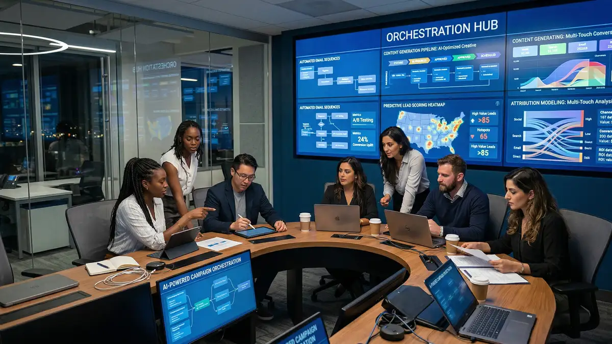 Modern AI marketing agency operations center with team collaborating around automated campaign dashboards and predictive analytics screens