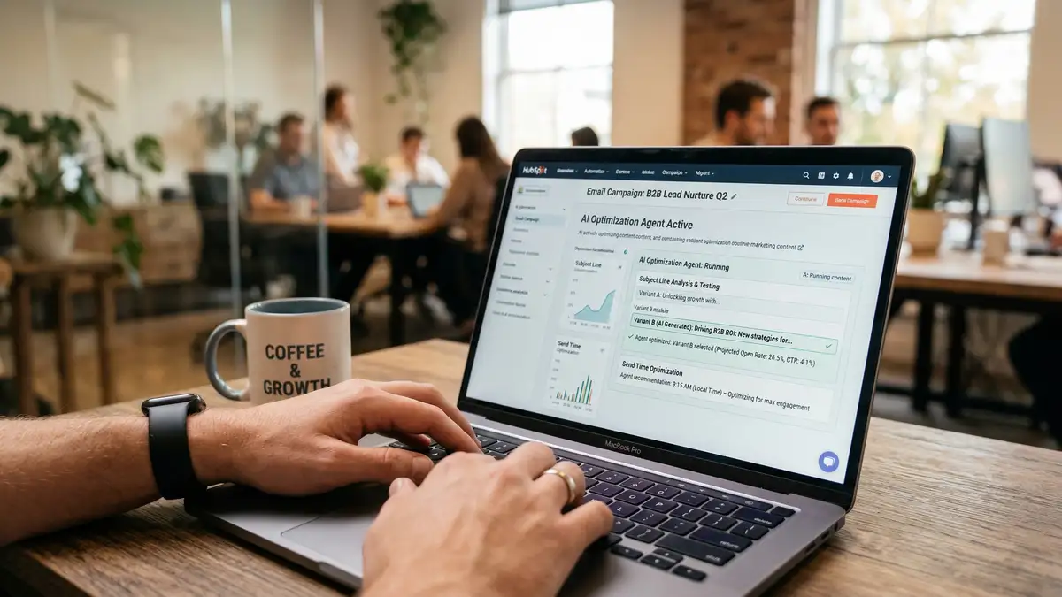 B2B marketer using laptop with AI agent optimizing email subject lines and send times automatically