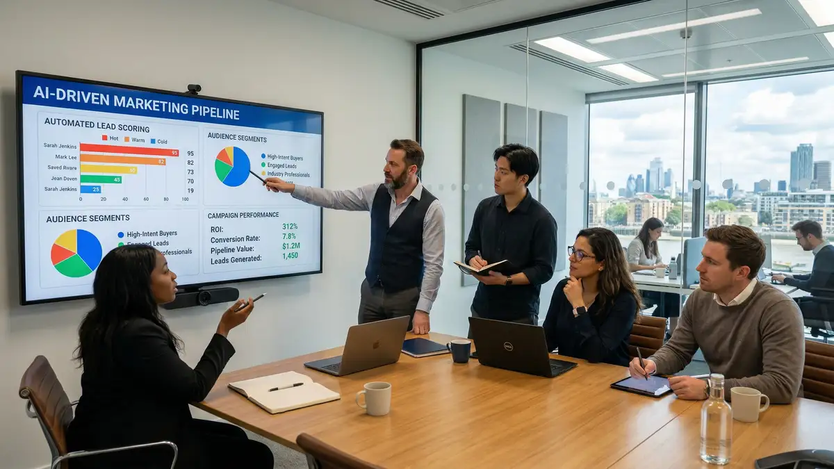 B2B marketing team reviewing AI-driven pipeline dashboard with lead scoring and campaign performance metrics