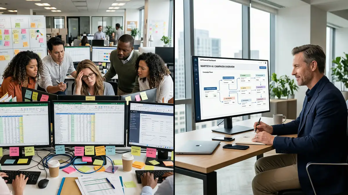 Split screen comparing manual marketing campaign management with AI-powered autonomous dashboard showing automated workflows