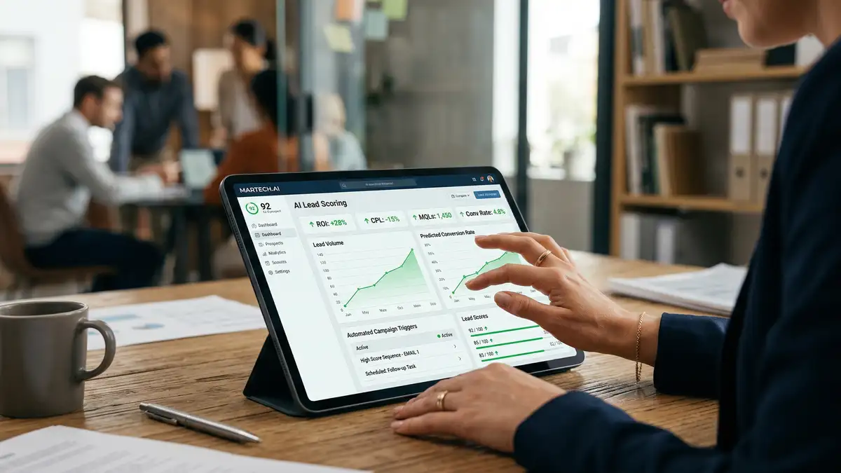 Marketing strategist reviewing AI-powered predictive lead scoring interface on tablet showing automated campaign analytics