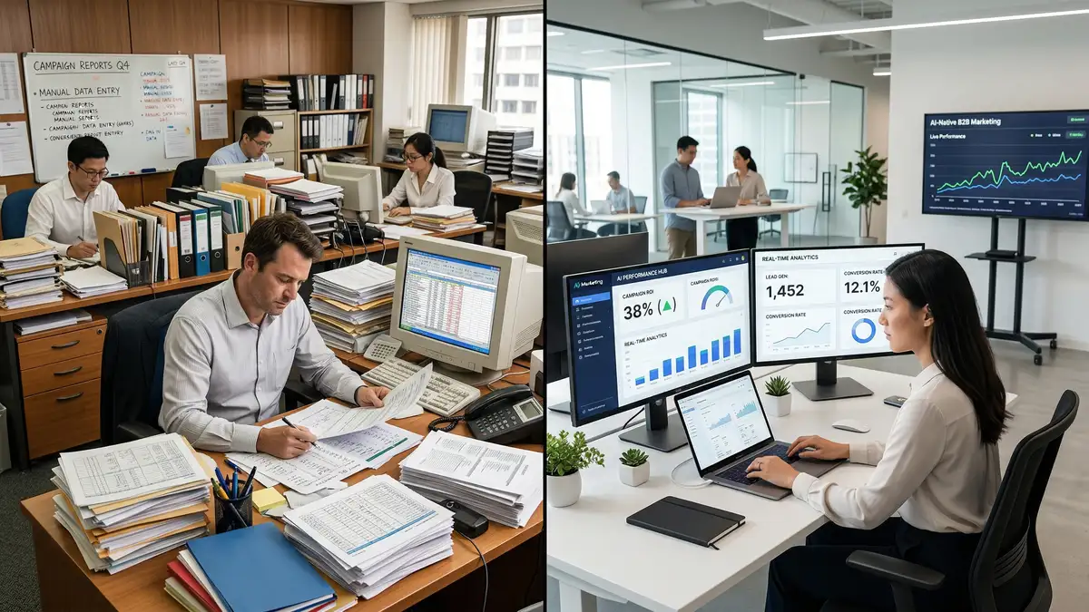 Split-screen comparison of traditional marketing agency with manual processes versus modern AI-native marketing agency with automated dashboards and workflows