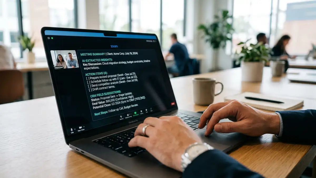 AI meeting assistant automatically capturing sales conversation data for CRM integration