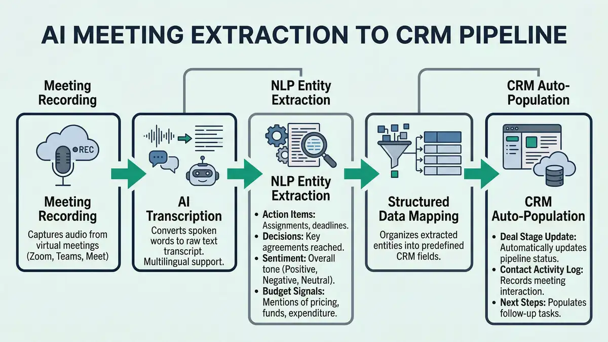 Infographic showing the four-stage AI meeting extraction pipeline from audio capture to CRM automation