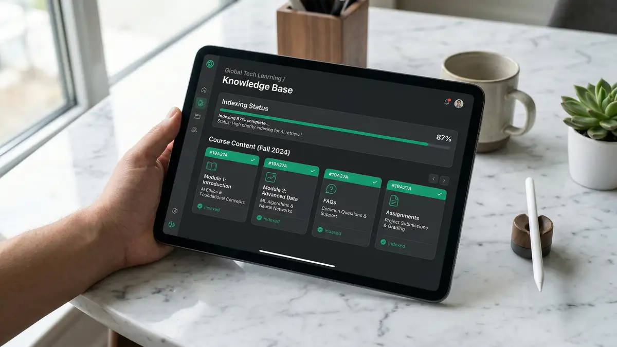 Organised AI knowledge base interface showing course FAQs, policies, and founder voice transcripts feeding an onboarding agent