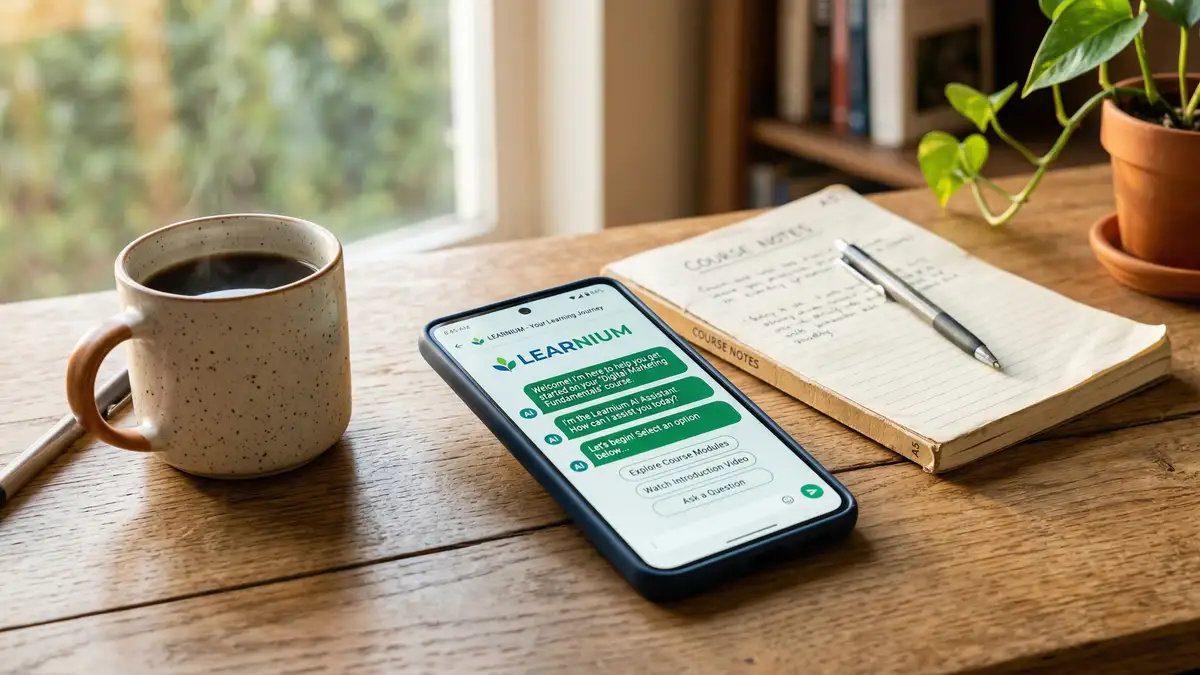 Mobile phone displaying an AI onboarding chatbot welcome message for a new online course student in a clean app interface