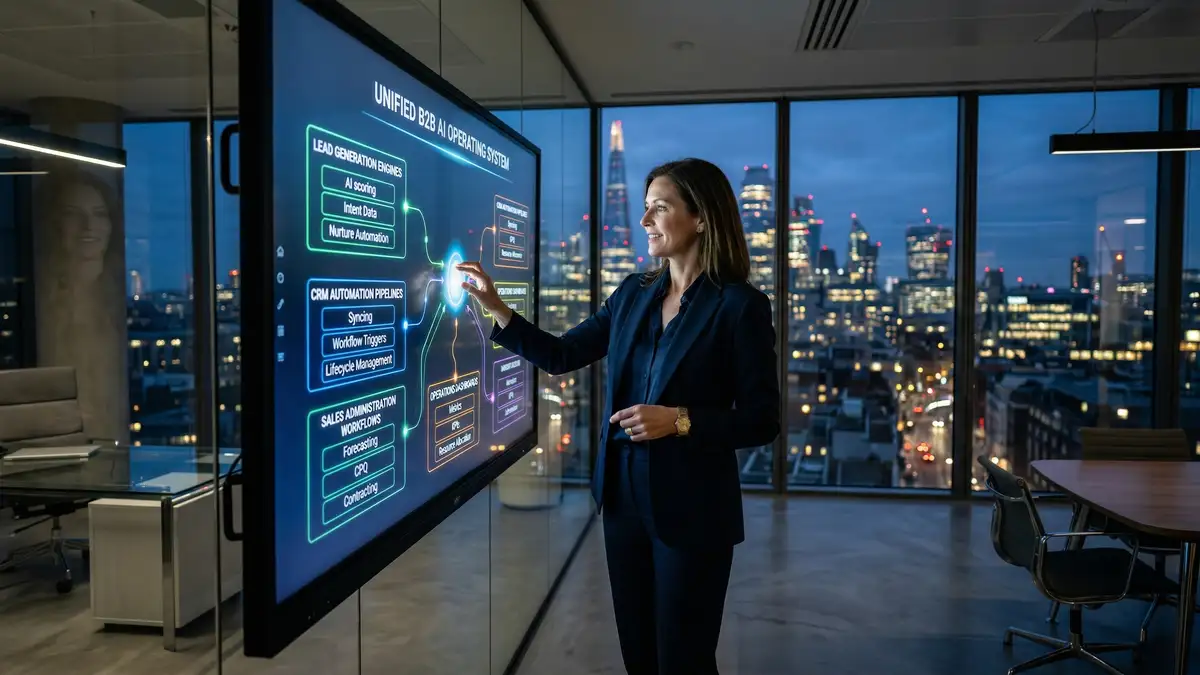 B2B operating system architecture showing AI consulting agency integrations with sales, marketing, and operations infrastructure