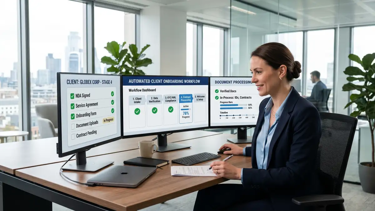 Business professional reviewing automated client onboarding workflow stages on multiple screens in a modern office environment