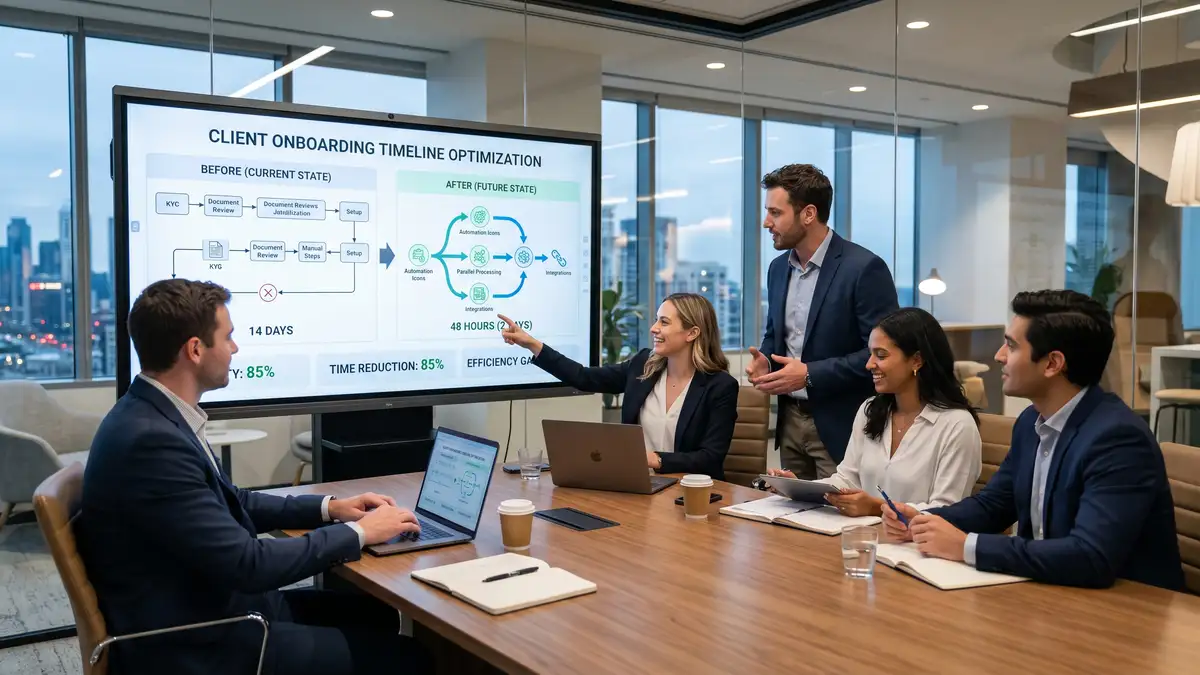 Team of consultants reviewing before-and-after comparison of client onboarding timelines compressed from 14 days to 48 hours with automation diagrams