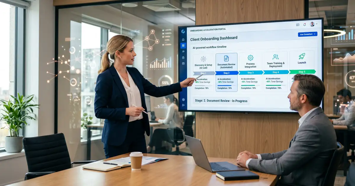 AI-powered client onboarding dashboard showing automated workflow timeline with accelerated onboarding stages in a modern consulting office