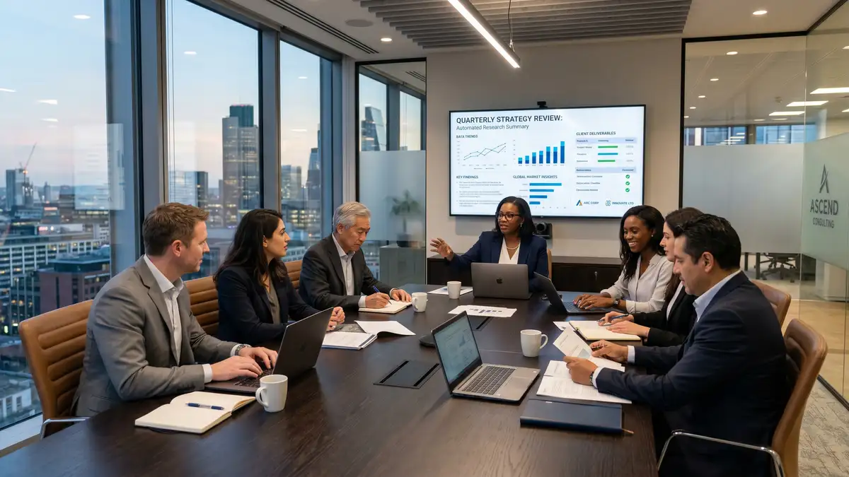 Consulting firm boardroom with senior team collaborating around conference table, dashboards showing automated research summaries