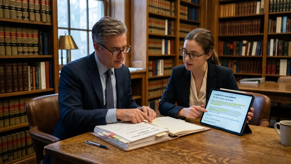Law firm partner and junior associate reviewing AI-generated case summary with highlighted citations on tablet