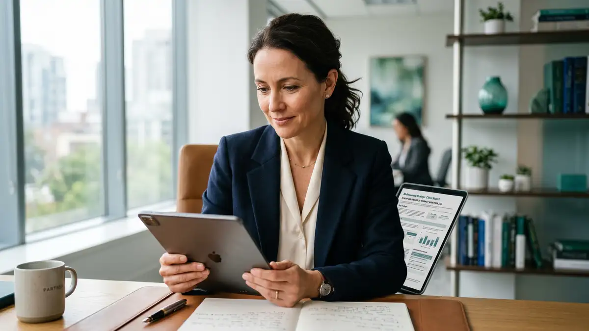 Senior partner reviewing AI-generated client deliverable on tablet in premium boutique consultancy office