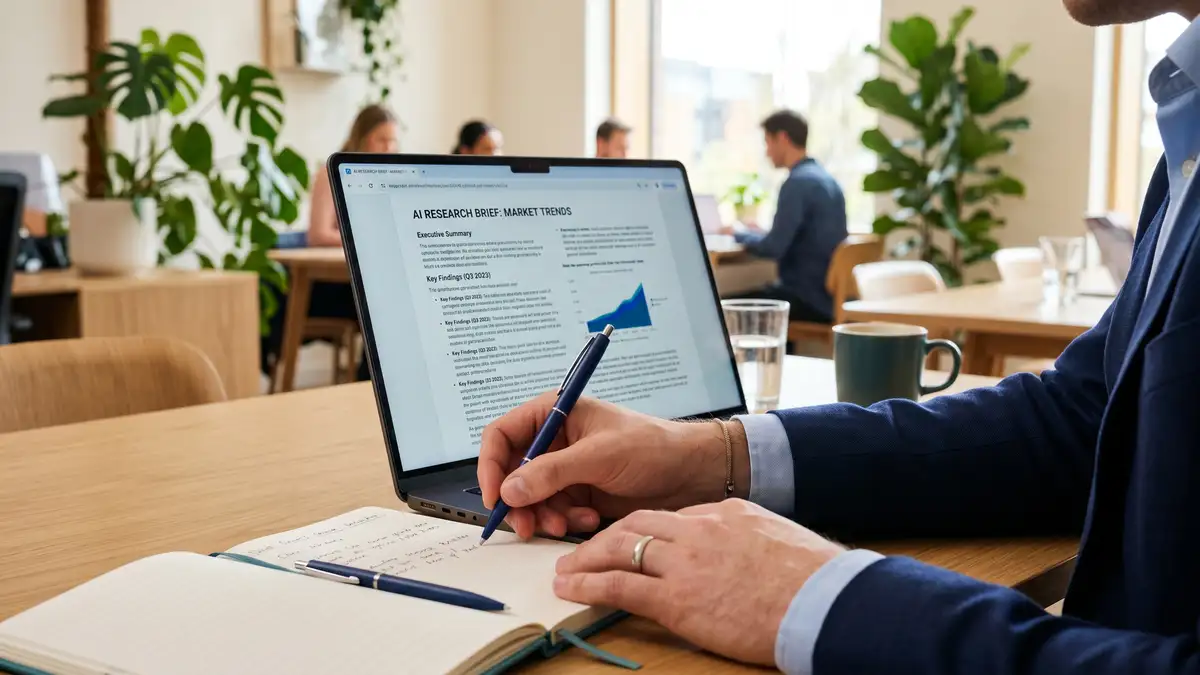 Junior consultant annotating AI-generated research brief on laptop in modern office with natural light