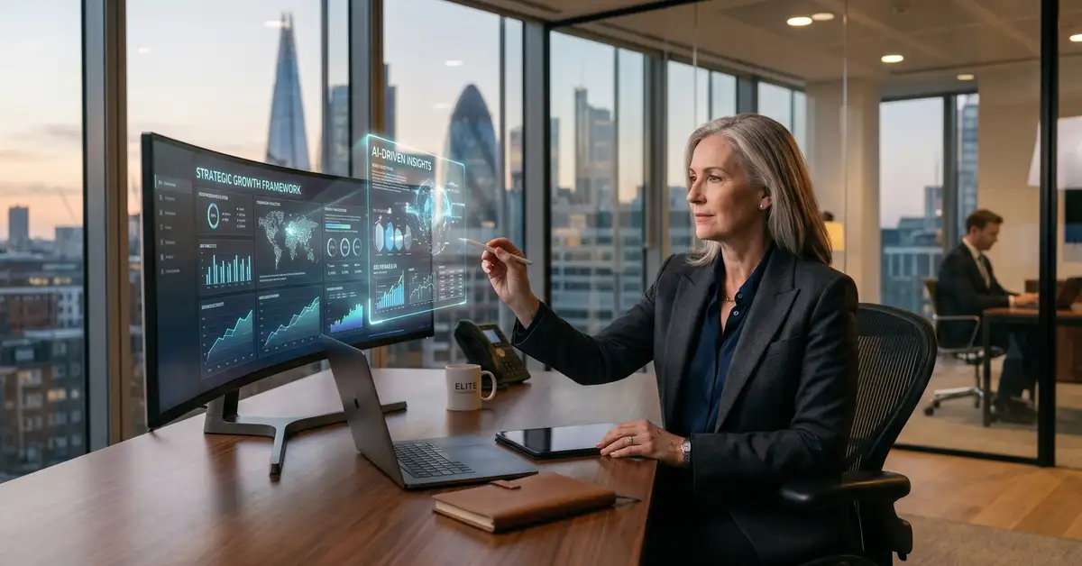 Senior partner reviewing an AI-generated client deliverable on a large monitor in a glass-walled consulting office