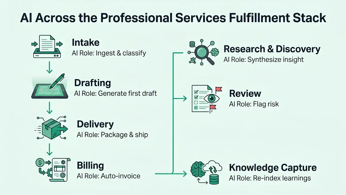 Infographic showing AI deployment across 7 stages of the professional services fulfillment stack: intake, research, drafting, review, delivery, billing, knowledge capture