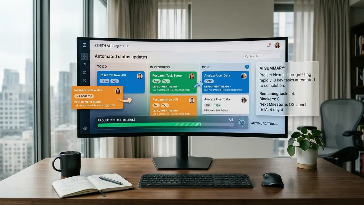 AI-powered project management dashboard showing autonomous status updates with color-coded task cards and automated progress tracking