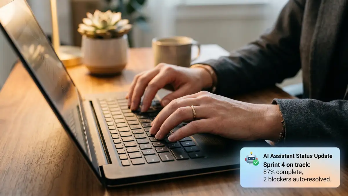 Project manager reviewing AI-generated autonomous status update notification on laptop screen showing sprint completion metrics