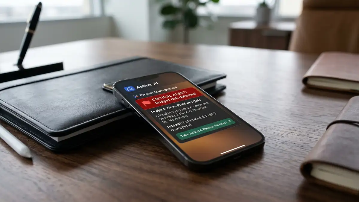 Smartphone displaying AI project management red flag alert notification about budget risk detection on executive desk