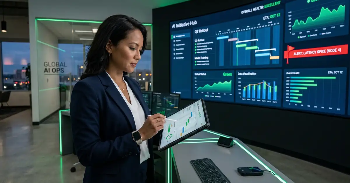 AI project management executive command center with real-time dashboards showing autonomous status updates and red flag alerts