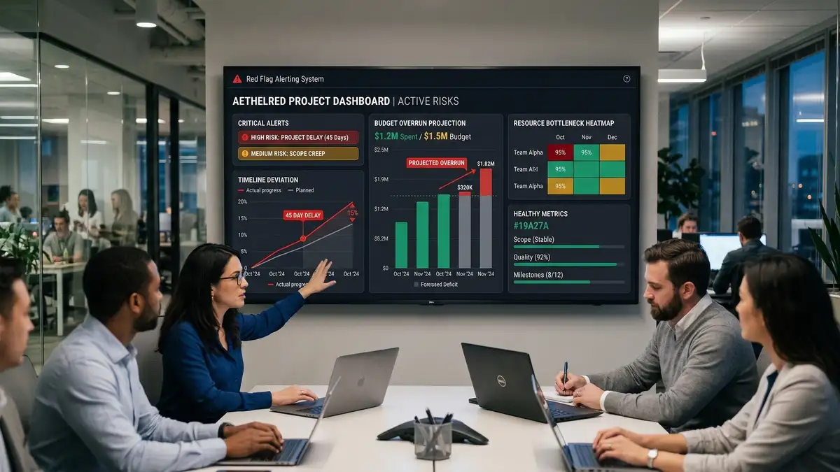 AI red flag alerting system interface showing predictive risk indicators with budget overrun warnings and timeline deviation alerts for project management