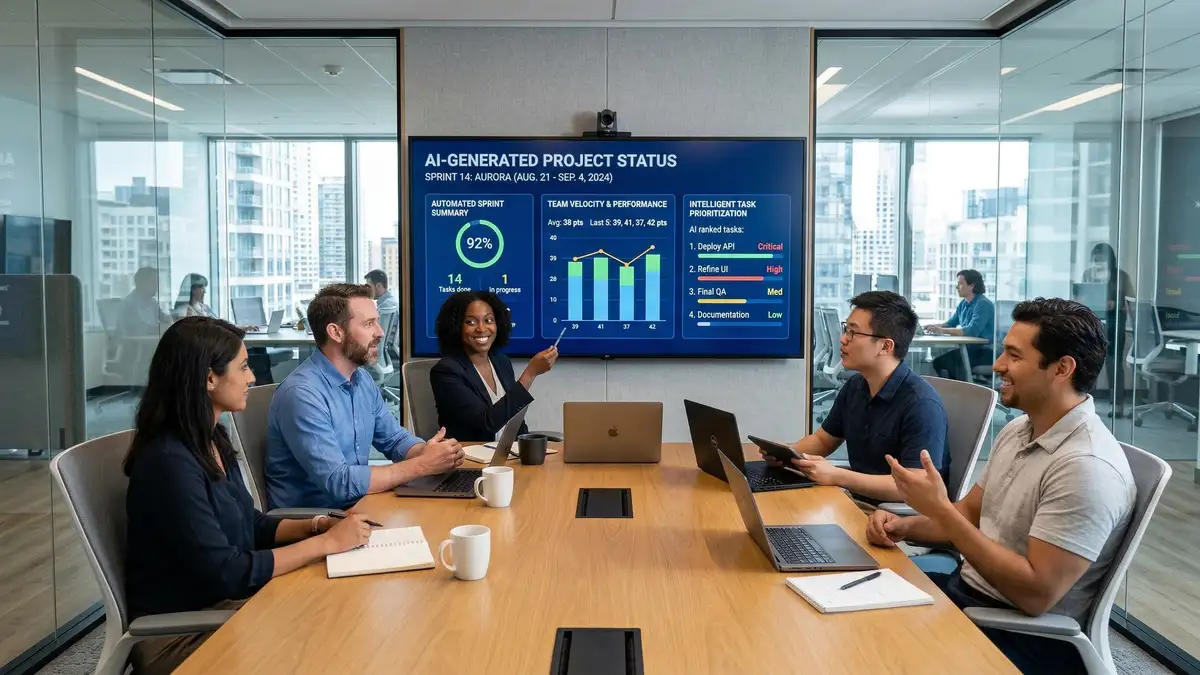 Diverse B2B team in modern conference room reviewing AI-generated project status reports on wall-mounted screen with automated sprint summaries