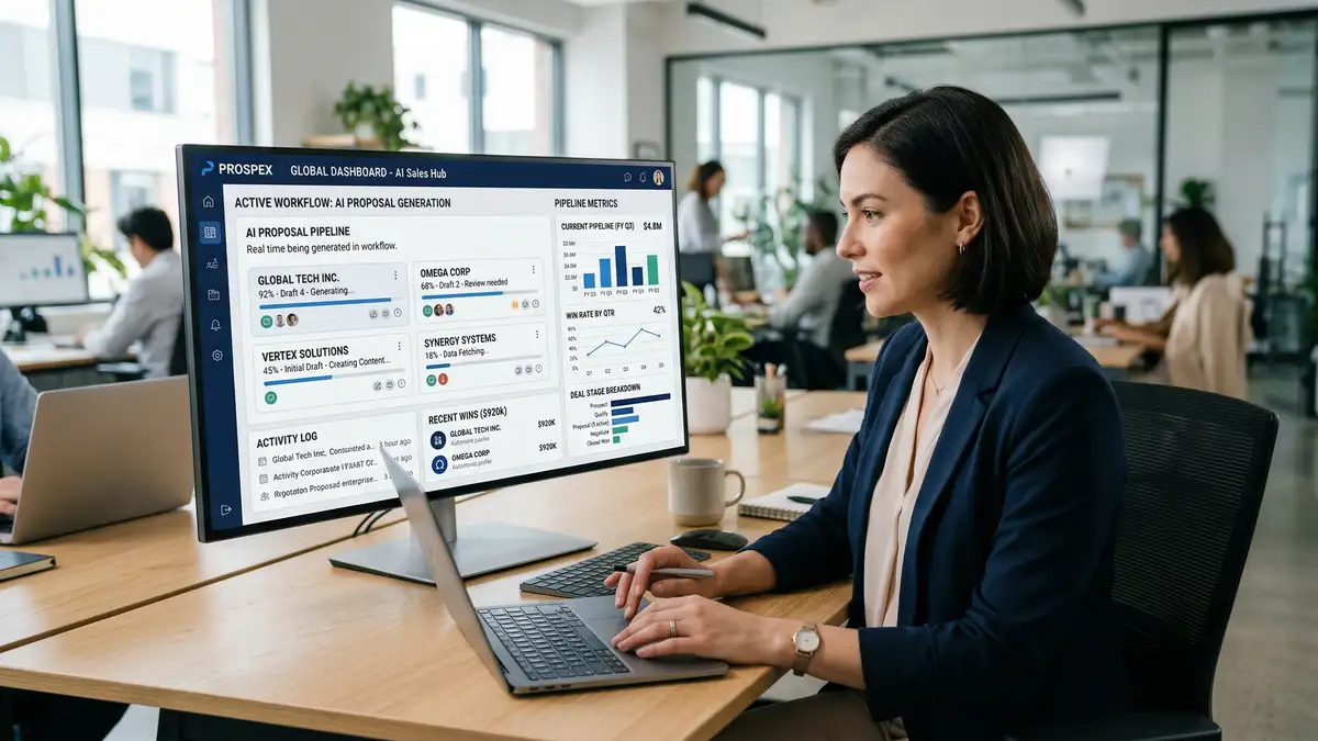 B2B sales team reviewing AI-generated proposal on screen in modern office environment with data dashboards
