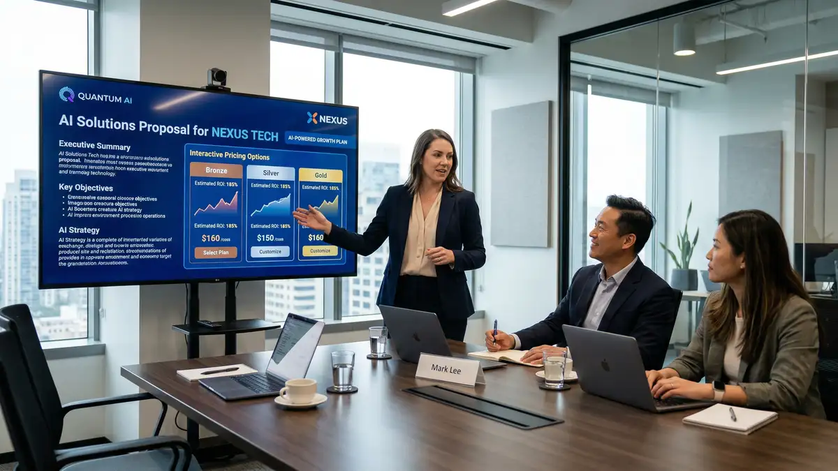 Sales leader analysing proposal automation ROI metrics on dashboard showing revenue impact and time savings