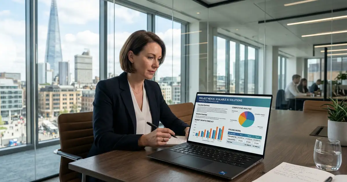 AI proposal generator dashboard showing automated B2B proposal creation with CRM integration and real-time analytics