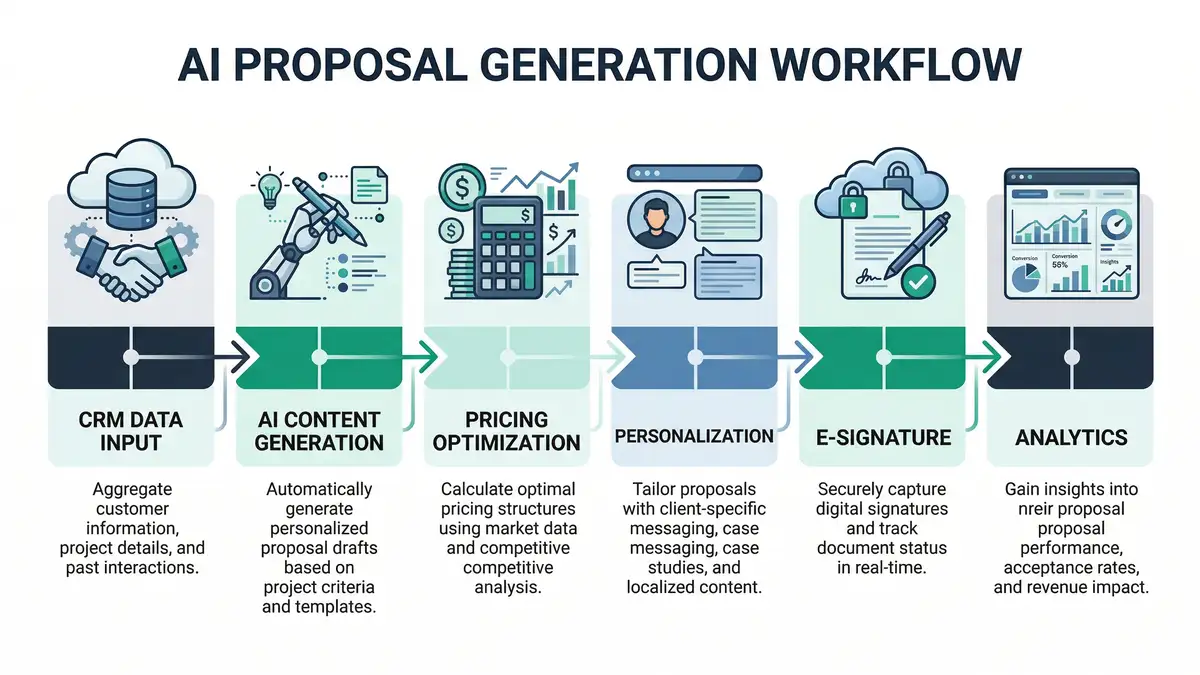 Infographic showing evolution from manual proposals to generative AI to agentic proposal automation with key metrics and workflow stages