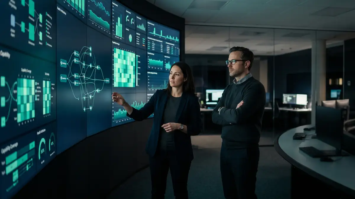 Modern B2B operations control centre with multiple displays showing real-time AI agent orchestration dashboards and health indicators