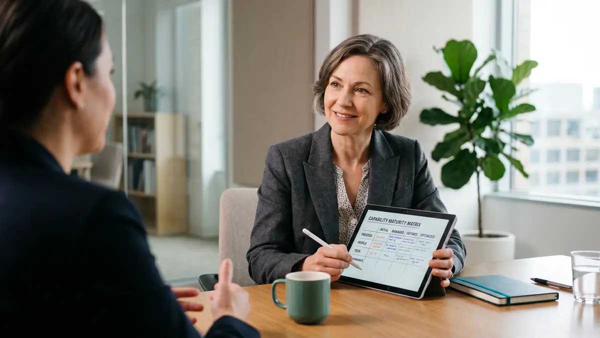 Senior business consultant conducting a one-on-one AI maturity assessment interview with an executive