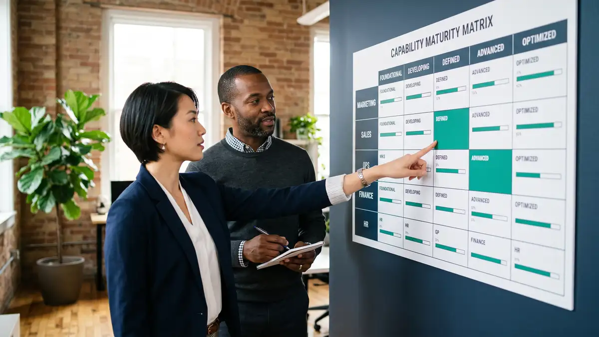 Two professionals reviewing a wall-mounted capability matrix with teal-green highlighted maturity cells